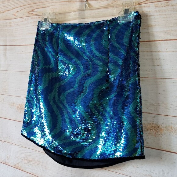 Zara Sequin High Waisted Mini Skirt in Blue and Green Wave Pattern Retro Size XS - Picture 6 of 12